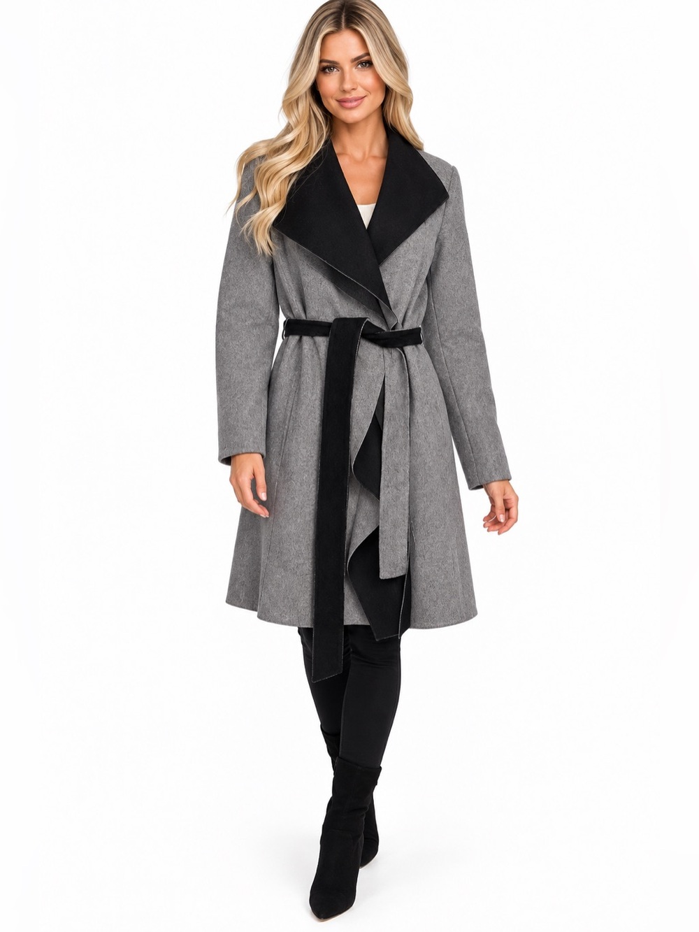 Calvin Klein Size XL Wool-Blend Grey Wrap Coat with Black Trim
